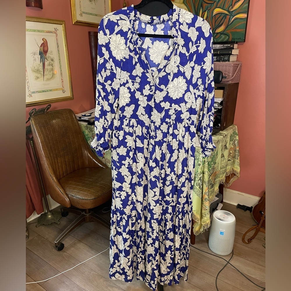 Zara Blue and White Floral Maxi Tiered Peasant Tent Dress. Size XS. Retail $100 - Picture 4 of 8